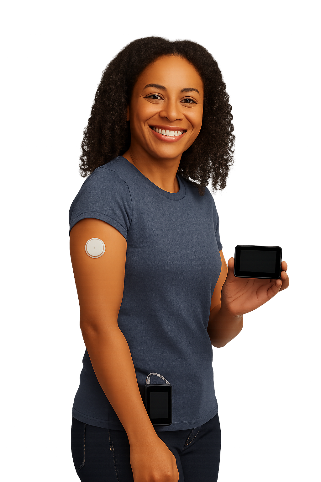 Woman holding CGM transmitter, insulin pump, and receiver